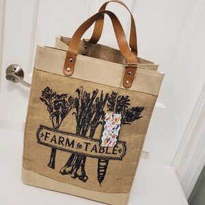 Farm To Table Reusable Shopper Tote 40% Jute/60% Cotton Open Top Leather Handles